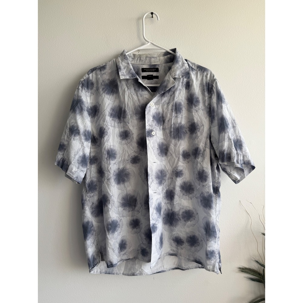 Banana Republic Mens Organic Cotton Relaxed Fit Short Sleeve Floral Shirt Blue M